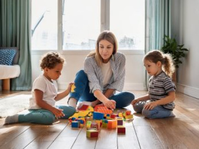 Man sieht eine Frau mit zwei Kindern beim Spielen mit Holzklötzen. KI generiertes Bild 