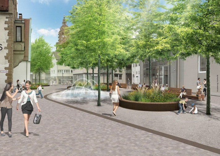 Visualisierung des Bauprojekts Eichgasse mit begrüntem Platz, Sitzgelegenheiten, Wasserspiel und mehreren Personen vor Gebäuden in der Heilbronner Innenstadt.