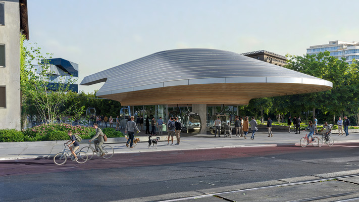 Visualisierung der geplanten Seilbahnstation am Kurt-Schumacher-Platz mit Gondeln, wartenden Fahrgästen sowie Radverkehr auf der angrenzenden Straße.