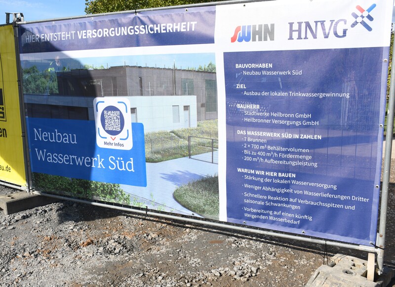 Das Bild zeigt ein großes Transparent auf der Baustelle, auf dem die Grundzüge des rund 50 Meter langen Gebäudes für das Wasserwerk zu sehen ist.