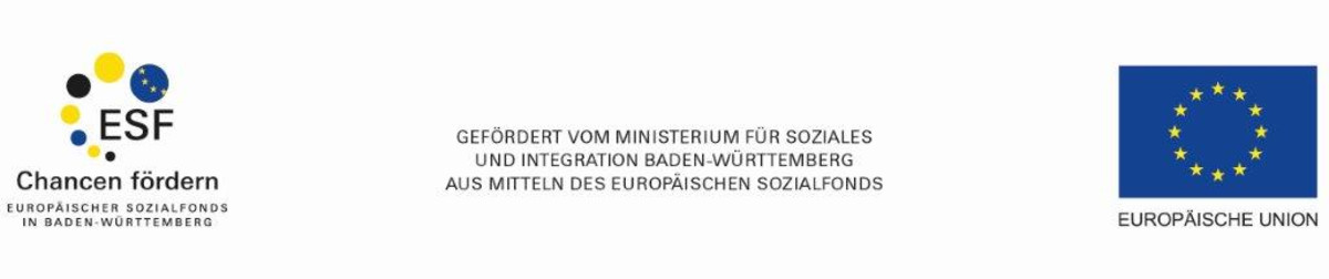 Logos des Europäischen Sozialfonds in Baden-Württemberg, des Ministeriums für Soziales und Integration Baden-Württemberg und der Europäischen Union