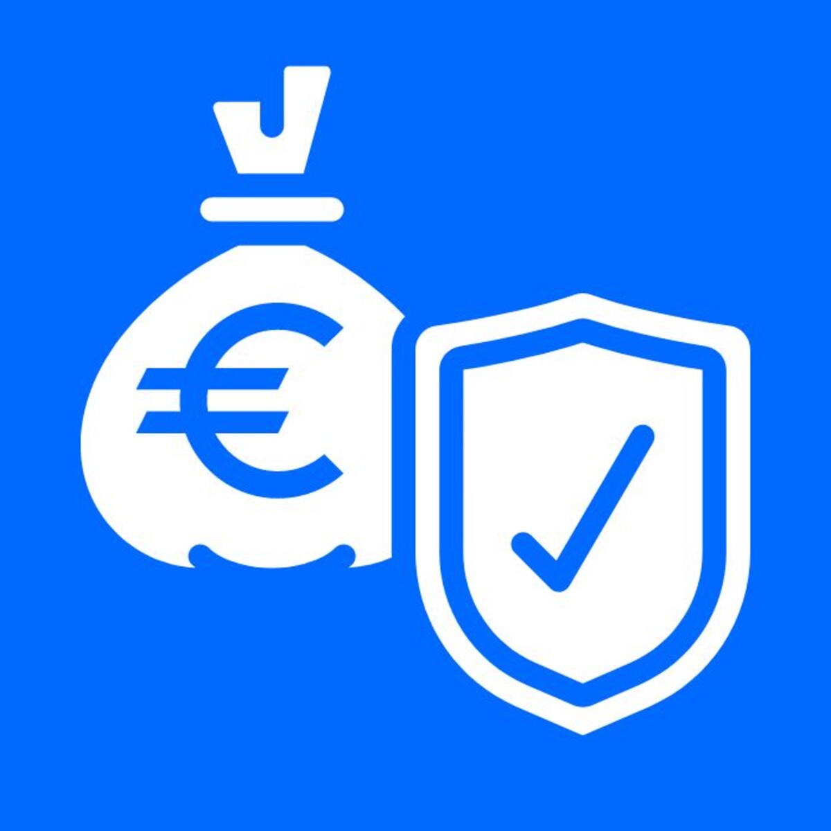 Das Bild zeigt eine stilisierte Grafik auf blauem Hintergrund. Links ist ein Geldbeutel mit Eurozeichen dargestellt, rechts daneben ein Schild mit einem Häkchen. Die Kombination steht für den Schutz von Privateigentum sowie für sicheres und verantwortungsvolles wirtschaftliches Handeln.