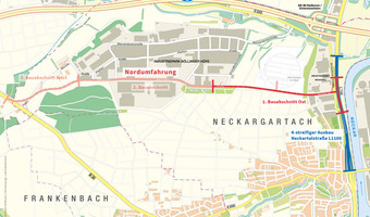 Stadtplan mit der Nordumfahrung und der Ausbaustrecke der Neckartalstraße
