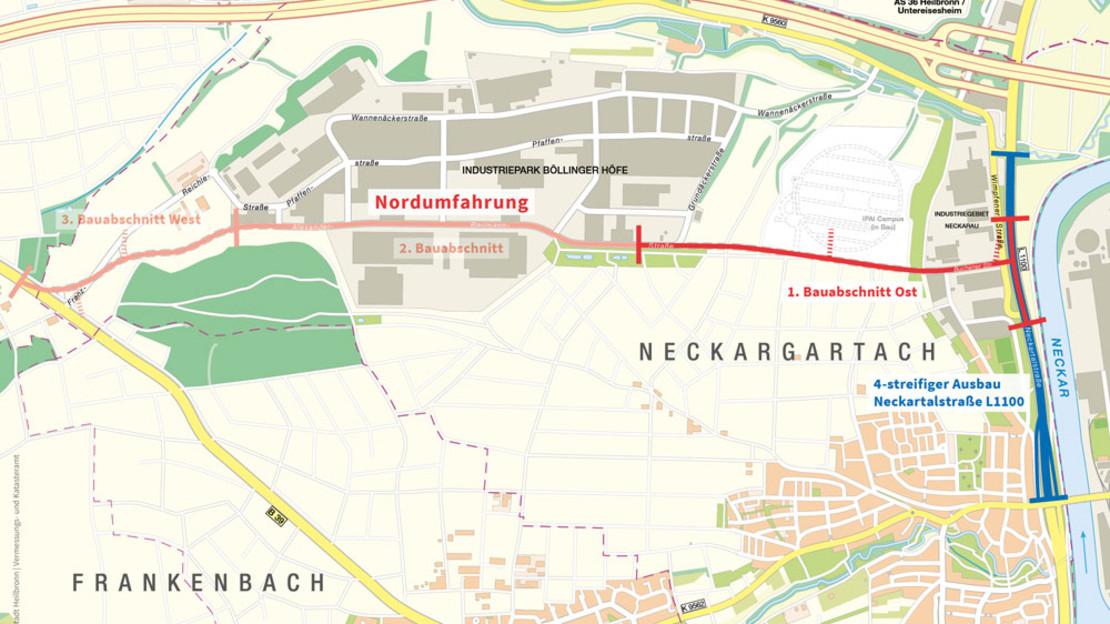 Stadtplan mit der Nordumfahrung und der Ausbaustrecke der Neckartalstraße