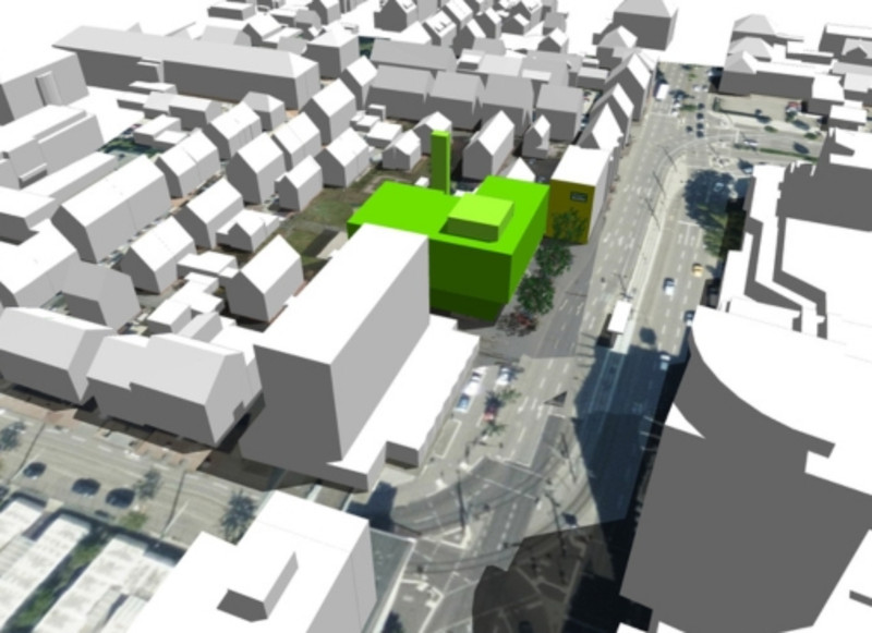 Anhand des 3-D-Modells zeigt sich, wie sich das Kulturzentrum in die bestehende Bebauung einfügt. Visualisierung: Stadt Heilbronn/Planungs- und Baurechtsamt