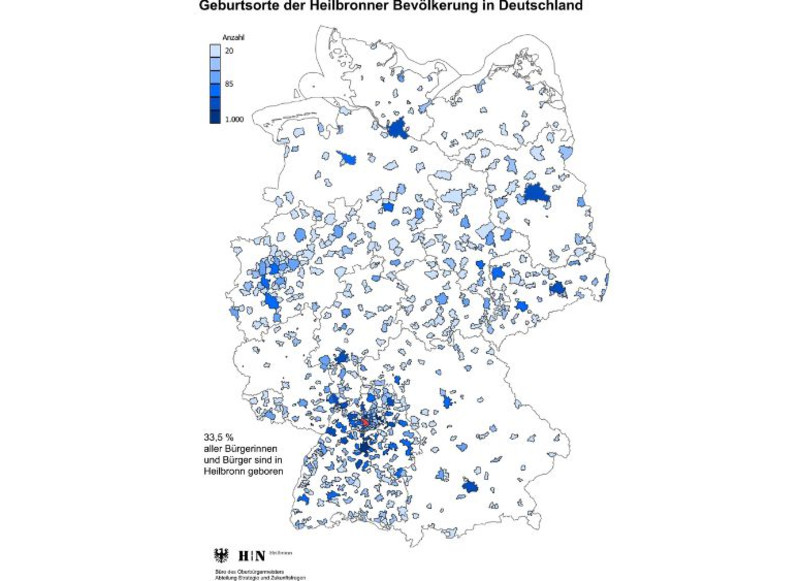 Die Karte zeigt die Verteilung der Geburtsorte aller in Deutschland geborenen Bürgerinnen, die mit Hauptwohnsitz in Heilbronn leben. 