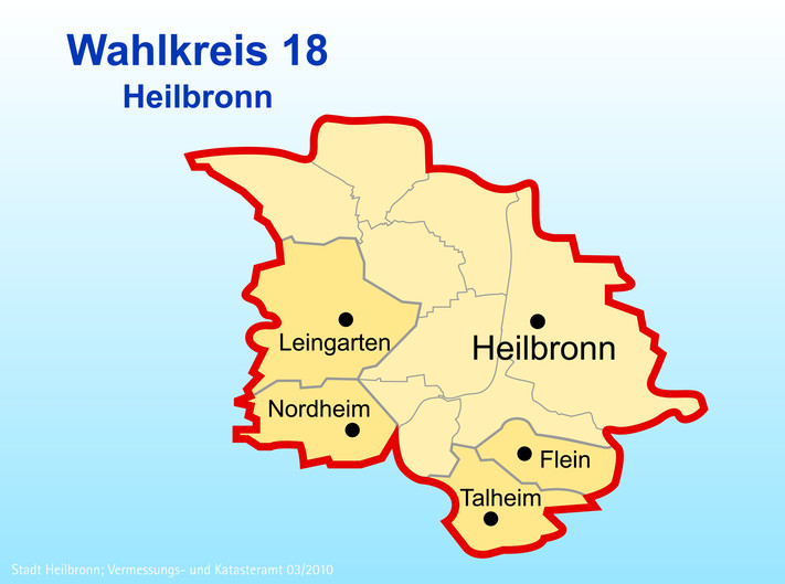 Das Bild zeigt die Karte des Wahlkreises 18 Heilbronn mit den Kommunen Heilbronn, Leingarten, Nordheim, Flein und Talheim. 