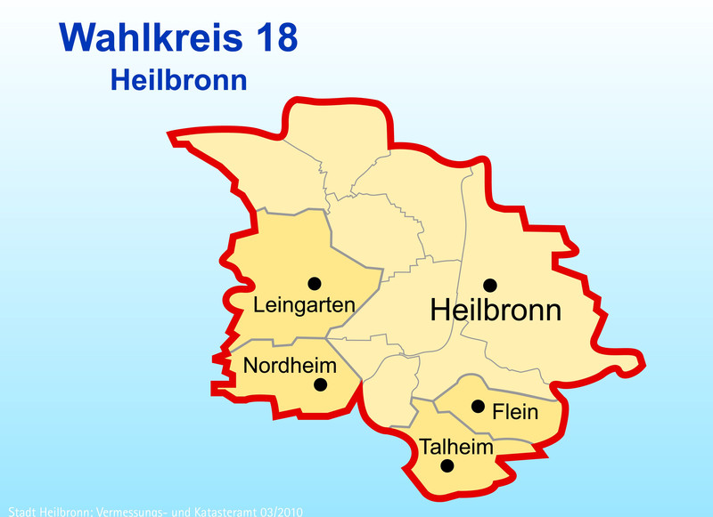 Das Bild zeigt die Karte des Wahlkreises 18 Heilbronn mit den Kommunen Heilbronn, Leingarten, Nordheim, Flein und Talheim. 