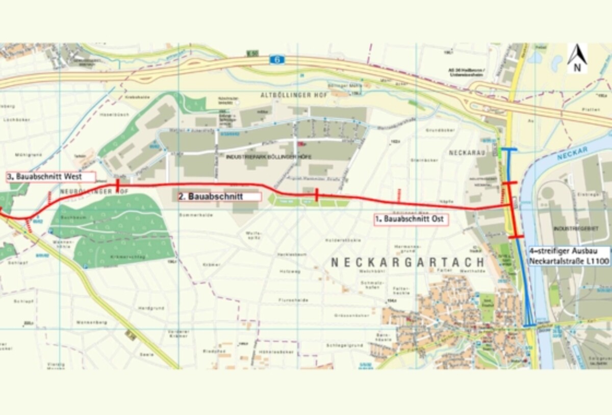 Die Karte zeigt die geplanten Bauabschnitte der Nordumfahrung (Ost-West-Richtung) sowie den Ausbaubereich der Neckartalstraße (Nord-Süd-Richtung). Grafik: Stadt Heilbronn 