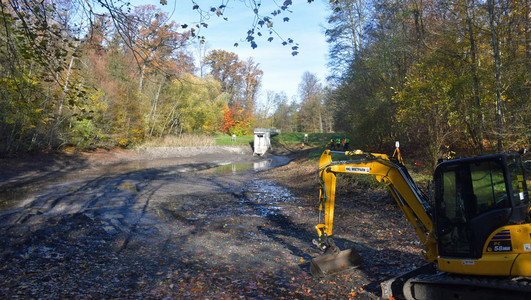 Abgelassener Köpferstausee, im Vordergrund ein Bagger