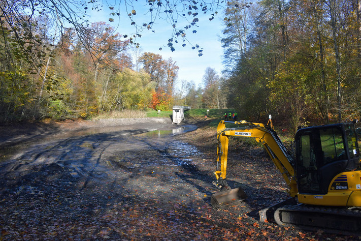 Abgelassener Köpferstausee, im Vordergrund ein Bagger
