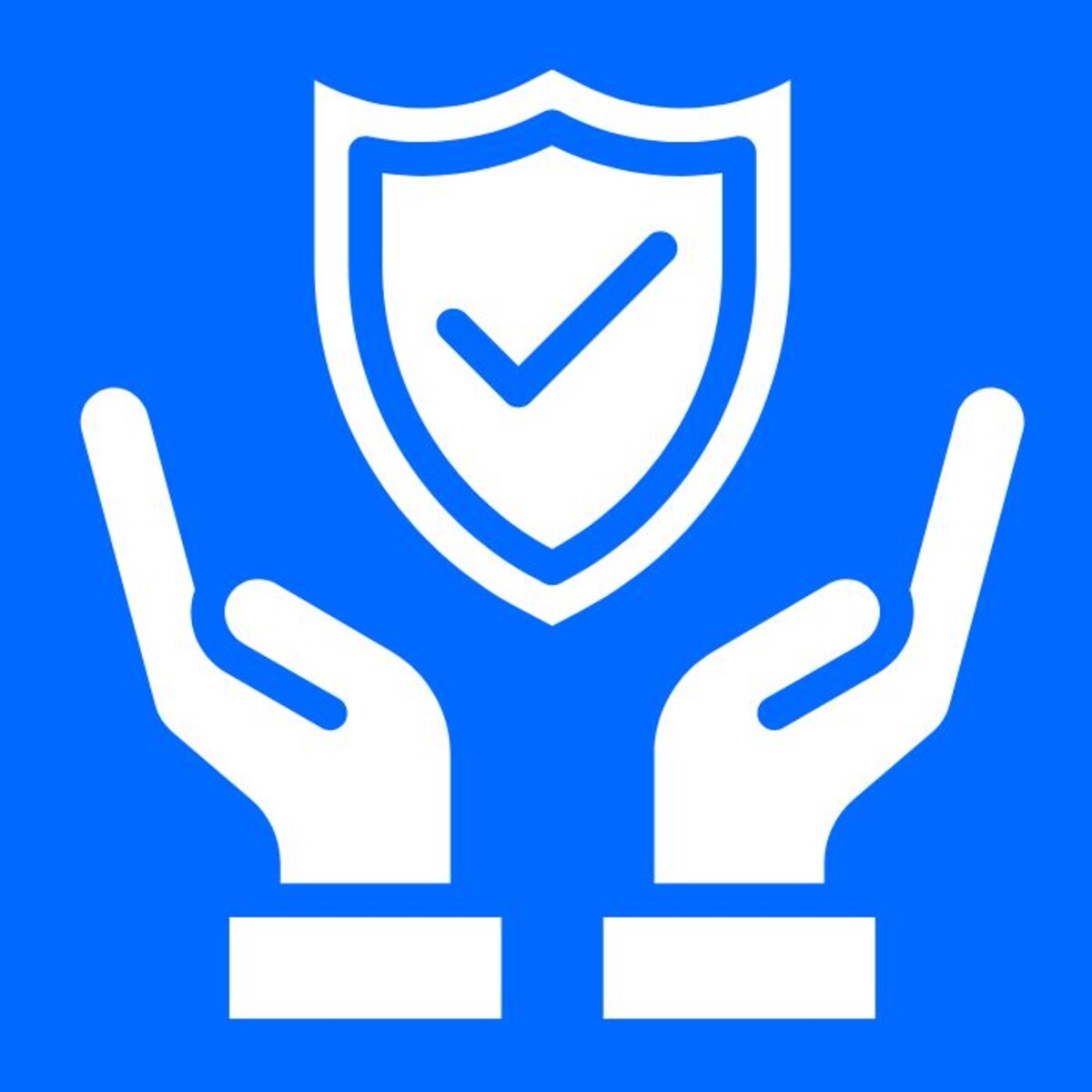 Das Bild zeigt eine stilisierte Grafik auf blauem Hintergrund. Zwei offene Hände sind nach oben gerichtet und halten ein Schild, auf dem ein Häkchen zu sehen ist. Das Symbol steht für Schutz, Sicherheit und Vertrauen.
