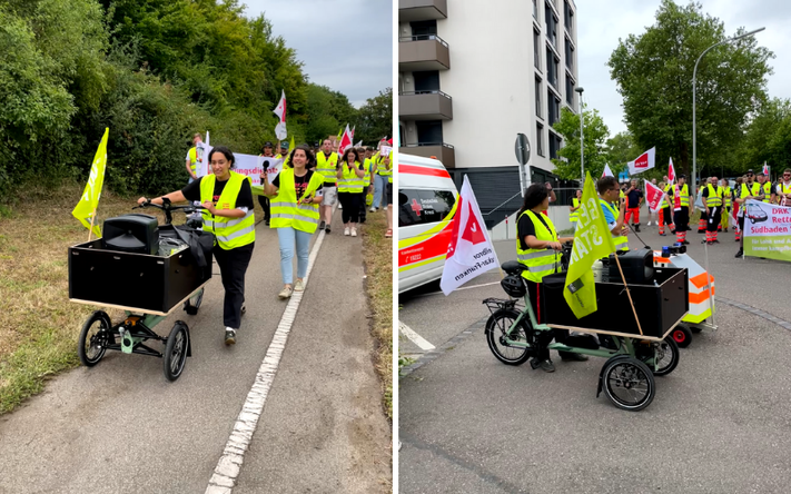 Selbst beim Streik ist das E-Lastenrad dabei und streikt nicht selbst. So kann ver.di bequem und umweltfreundlich Material und Message transportieren. Foto: ver.di