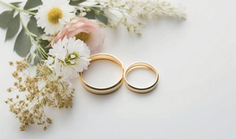 Zwei goldene Trauringe mit Blumenarrangement