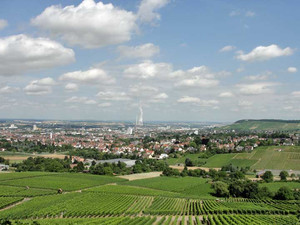 Blick von den Weinbergen über die Innenstadt Heilbronns nach Norden.