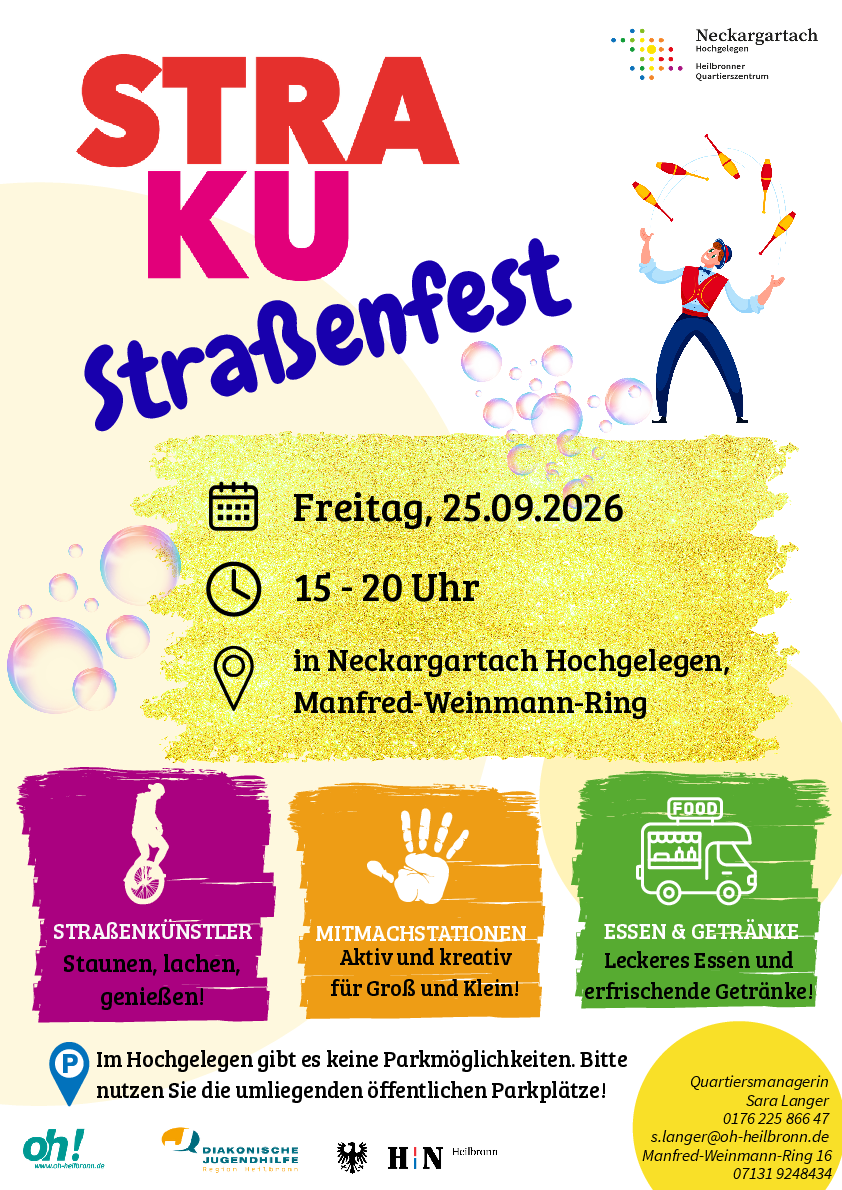 Bunt gestaltetes Veranstaltungsplakat für das Straßenfest in Neckargartach Hochgelegen am Freitag, 25. September 2026, von 15 bis 20 Uhr am Manfred-Weinmann-Ring. Angekündigt werden Straßenkünstler, kreative Mitmachstationen für Groß und Klein sowie Essen und Getränke. Ein Hinweis informiert, dass es im Hochgelegen keine Parkmöglichkeiten gibt und umliegende öffentliche Parkplätze genutzt werden sollen.