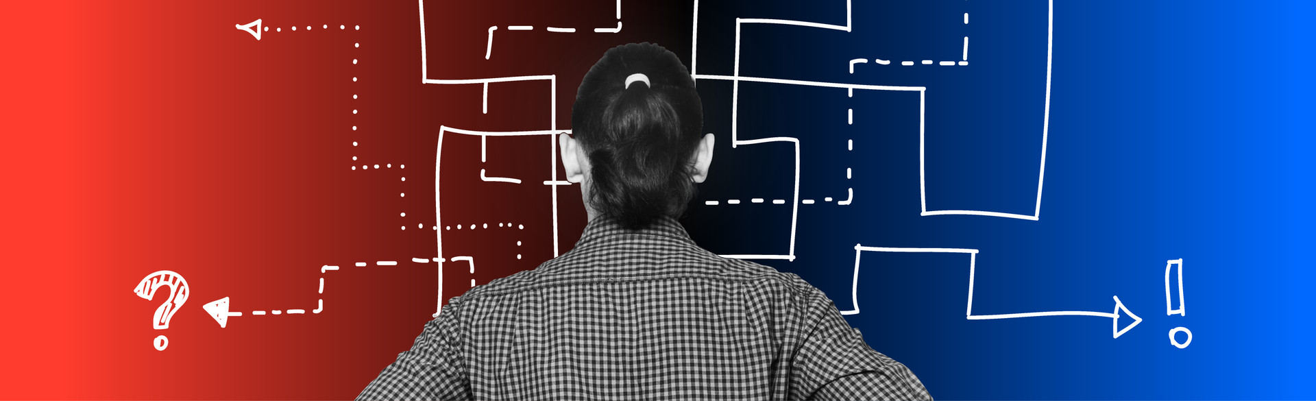 Illustration einer Person von hinten vor einem verzweigten Wegeschema. Ein Fragezeichen auf rotem und ein Ausrufezeichen auf blauem Hintergrund symbolisieren Unsicherheit und Entscheidung.