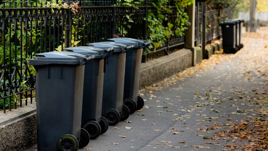 Am Gehwegrand bereitgestellte Restmülltonnen