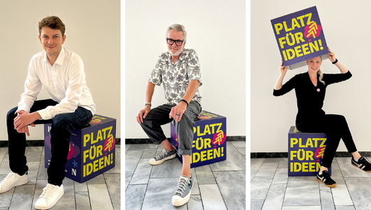 Alle Gewinnenden auf einen Blick (v.l.n.r.): Erstplatzierter Paul Würtemberger mit der unschlagBar, Zweitplatzierter Wolfgang Frommer mit dem Studio DREIPUNKTEINS und Drittplatzierte Christina Fernandes Lopes mit Viewchanger. Fotos: Stadt Heilbronn