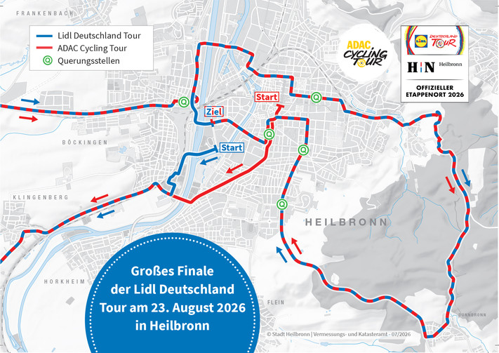 Stadtplan mit der Route der Lidl Deutschland Tour und der ADAC Cycling Tour durch das Heilbronner Stadtgebiet