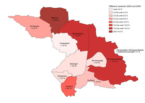 Man sieht eine Grafik die die Stadtgrenzen von Heilbronn zeigt: Unterschiedliches Wachstum: Vor allem in Biberach und Neckargartach wird ein Plus von mehr als zehn Prozent bei den Einwohnerzahlen erwartet. 