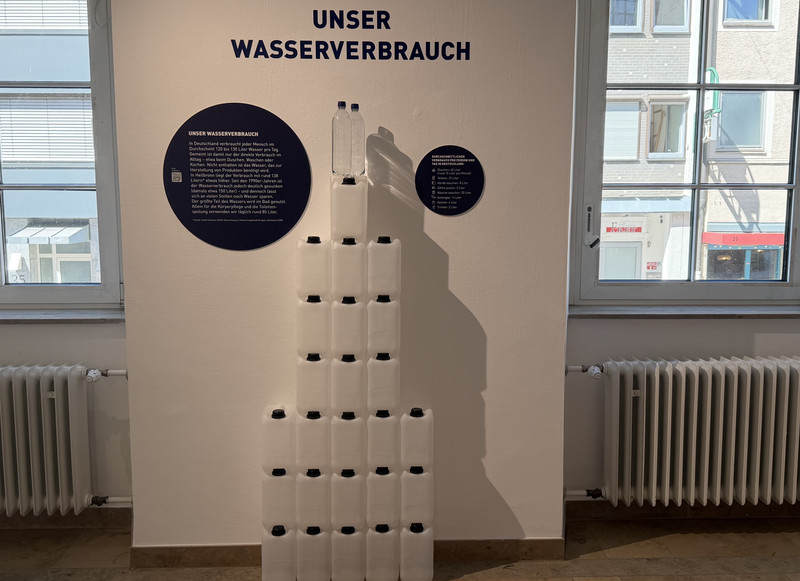 Wie viel Wasser verbrauchen wir jeden Tag? Anschauliche Installationen machen bei „H2Oho!“ Größenordnungen sichtbar, die im Alltag oft verborgen bleiben.