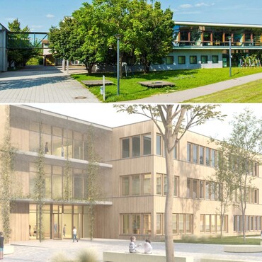 Collage mit zwei Schulgebäuden. Oben ist die Luise-Bronner-Schule mit begrüntem Außenbereich zu sehen. Unten zeigt eine Visualisierung die geplante neue Innenstadtgrundschule mit heller Holzfassade, Bäumen und Aufenthaltsflächen.