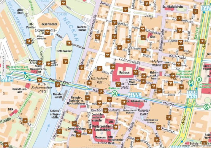 Das Bild zeigt einen Kartenausschnitt der Stadt Heilbronn mit kleien braunen Vierecken. An den kleinen braunen Vierecken sind die Bedeutungen der Straßennamen per Klick abrufbar. (Karte: Stadt Heilbronn)