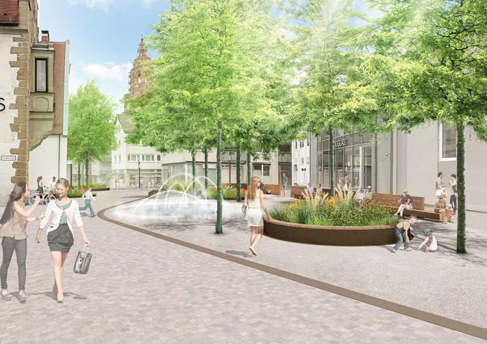 Grün und einladend – so präsentiert sich nach der Umgestaltung die Eichgasse. Visualisierung: VisuPlan3D