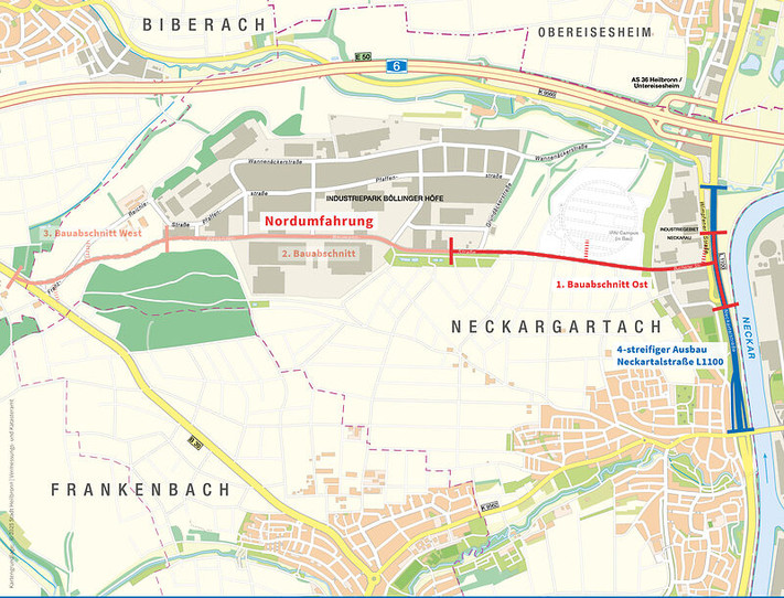 Als neue Ost-West-Verbindung wird die Nordumfahrung künftig die Stadtteile Neckargartach und Frankenbach von Verkehr entlasten, den KI-Park IPAI erschließen und die Böllinger Höfe besser ans Verkehrsnetz anbinden. Kartengrundlage: Stadt Heilbronn/Vermessungs- und Katasteramt