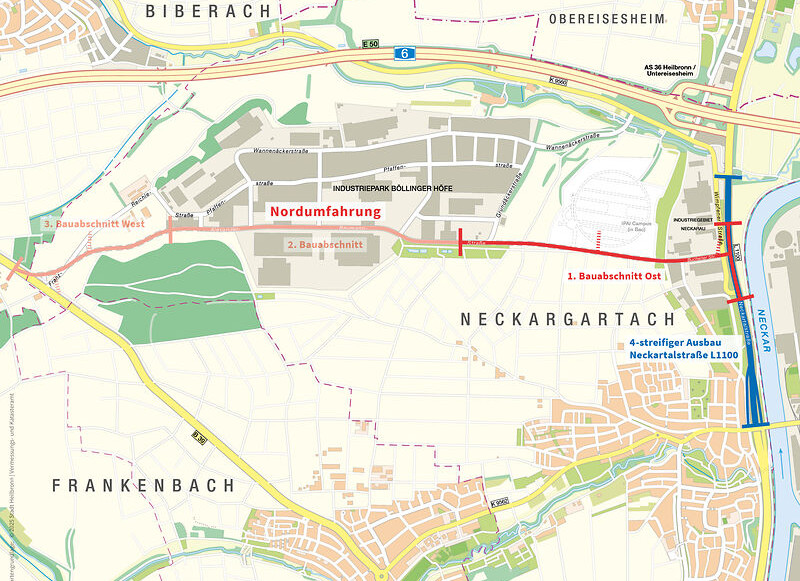 Als neue Ost-West-Verbindung wird die Nordumfahrung künftig die Stadtteile Neckargartach und Frankenbach von Verkehr entlasten, den KI-Park IPAI erschließen und die Böllinger Höfe besser ans Verkehrsnetz anbinden. Kartengrundlage: Stadt Heilbronn/Vermessungs- und Katasteramt