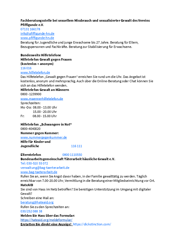 Infoblatt Hilfe im Notfall! Hier können Sie Hilfe holen, wenn Sie Gewalt erfahren haben! 