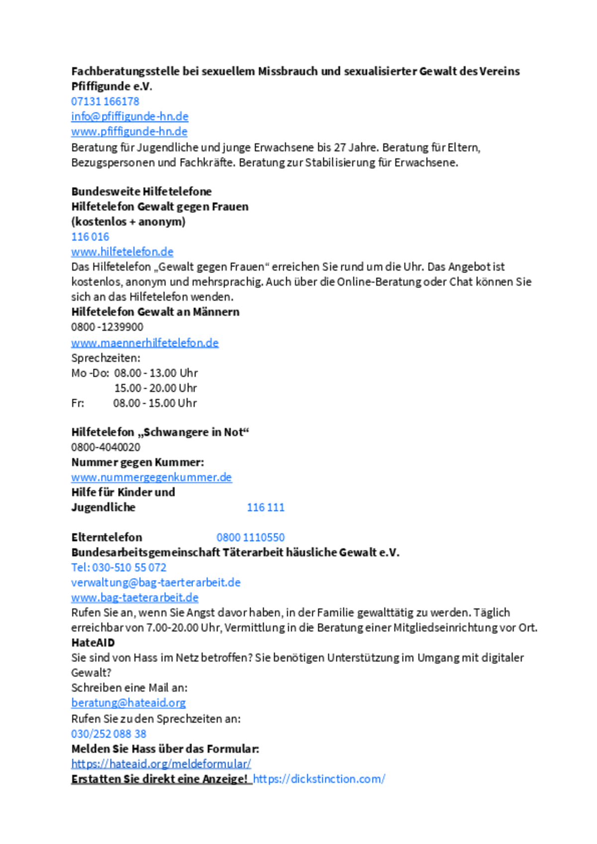 Infoblatt Hilfe im Notfall! Hier können Sie Hilfe holen, wenn Sie Gewalt erfahren haben!