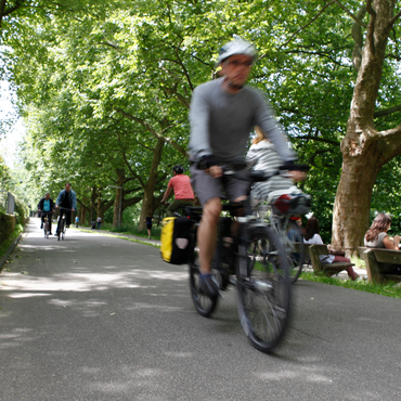 Fahrradfahrer auf einer Fahrradstraße entlang des Neckars. Im Hintergrund sind verschwommen weitere Fahrradfahrende sowie Personen, die auf einer Bank sitzen, zu erkennen.