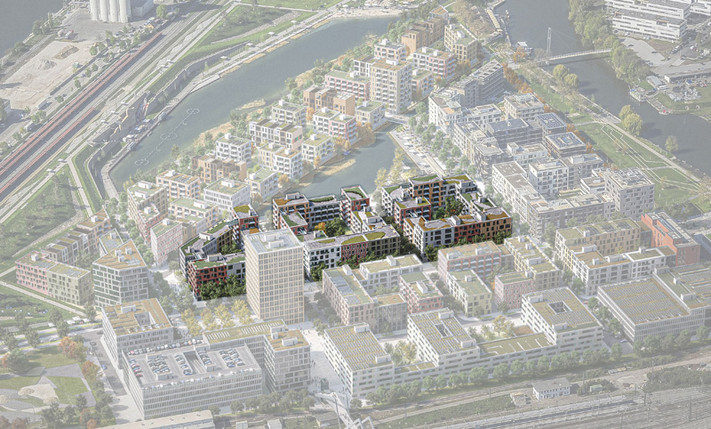 Visualisierung Stadtquartier Neckarbogen, zweiter Bauabschnitt (südlich Floßhafen, nördlich Paula-Fuchs-Alee) hervorgehoben. Visualisierung: Stadt Heilbronn