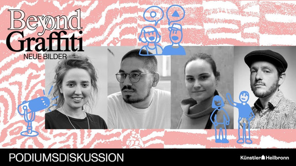 Plakat zur Podiumsdiskussion Beyond Graffiti mit Porträts von vier beteiligten Personen und grafischen Elementen zum Thema Street Art in Heilbronn