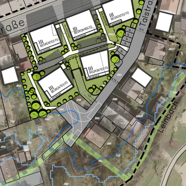 Gezeigt ist ein Kartenausschnitt, das die fünf neuen Gebäude als Visualisierung auf der betreffenden Fläche aufzeigt.