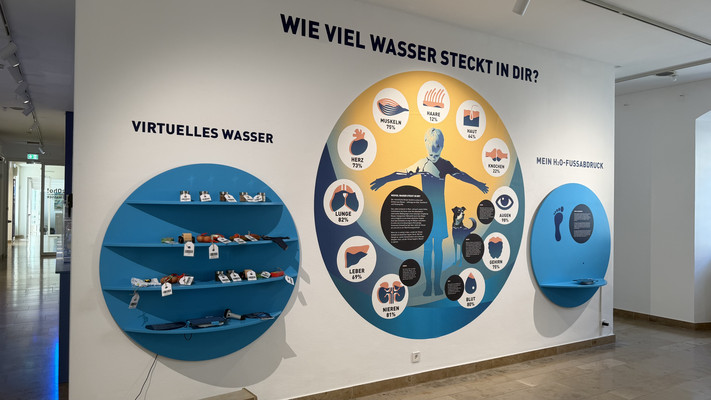 Wie viel Wasser steckt in uns – und in den Dingen, die wir täglich konsumieren? Die Ausstellung „H2Oho!“ macht auch den oft unsichtbaren Wasserverbrauch von Alltagsprodukten sichtbar.