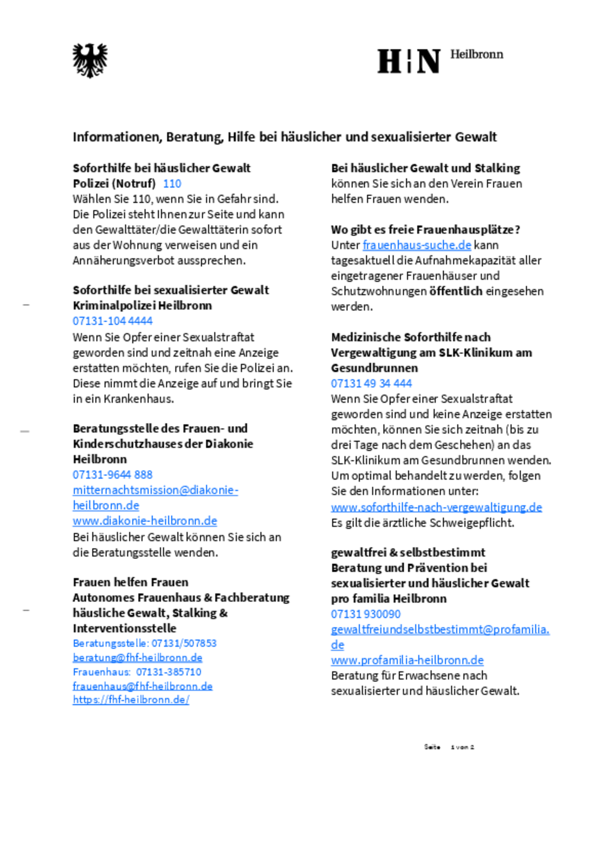 Infoblatt Hilfe in Not bei Gewalt!