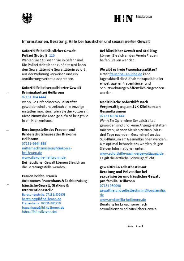 Infoblatt Hilfe in Not bei Gewalt! 