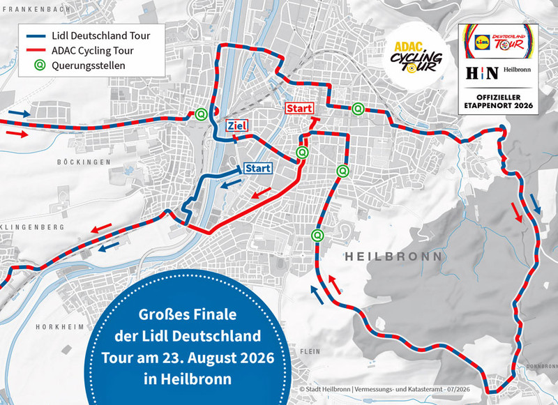 Stadtplan mit der Strecke der Lidl Deutschland Tour und der ADAC Cycling Tour, die in einer großen Runde durch das Heilbronner Stadtgebiet führt.