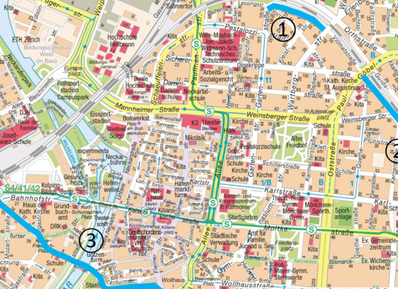 Übersichtsplan mit den drei Untersuchungsstrecken