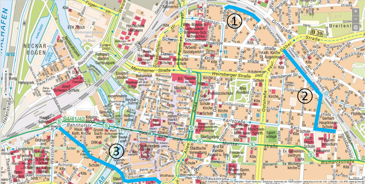 Übersichtsplan mit den drei Untersuchungsstrecken