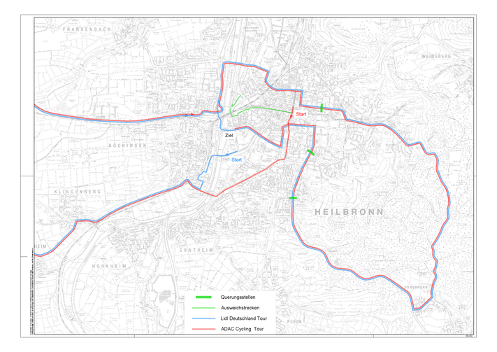 Stadtplan mit der eingezeichneten Route der Lidl Deutschland Tour und der ADAC Cycling Tour