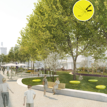 Visualisierung der Turmstraße mit Sitzmöglichkeiten, schattenspendenden Bäumen und einer breiten Fußgängerzone ohne motorisierten Verkehr. Oben rechts ist das Badge "Mitten Drin" für die Sofortmaßnahmen in der Innenstadt zu sehen.