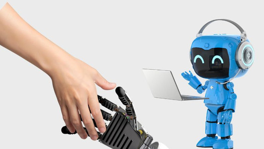 Symbolbild: Man sieht eine menschliche Hand und eine Roboterhand 