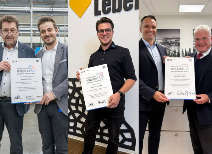 Neu beim WIR-Pakt dabei (von links): Peter und Moritz Marbach von der Heilbronner Marbach Gruppe, Florian Ueltzhöfer von EDEKA Ueltzhöfer und Dr. Norman Poboß und Dr. Michael Münzing von MÜNZING Chemie. Fotos: Stadt Heilbronn/Häffner, Klöppel
