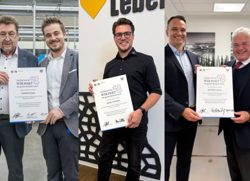 Neu beim WIR-Pakt dabei (von links): Peter und Moritz Marbach von der Heilbronner Marbach Gruppe, Florian Ueltzhöfer von EDEKA Ueltzhöfer und Dr. Norman Poboß und Dr. Michael Münzing von MÜNZING Chemie. Fotos: Stadt Heilbronn/Häffner, Klöppel