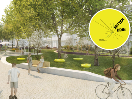 Das Bild zeigt eine Visualisierung nach dem Umbau der Turmstraße mit großen Grünzonen mit Sitzmöglichkeiten und schattenspendenden Bäumen. 