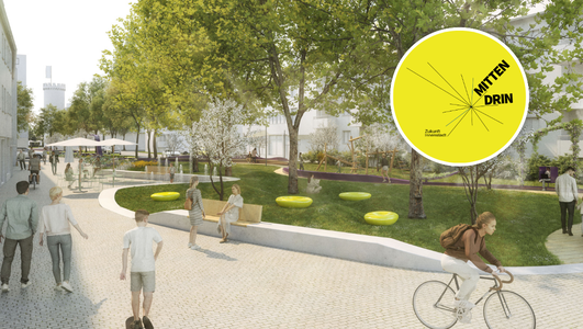 Das Bild zeigt eine Visualisierung nach dem Umbau der Turmstraße mit großen Grünzonen mit Sitzmöglichkeiten und schattenspendenden Bäumen. 